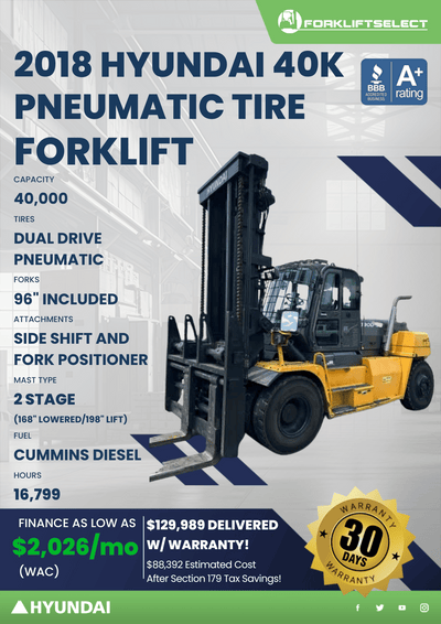 2018 HYUNDAI 40K PNEUMATIC TIRE FORKLIFT