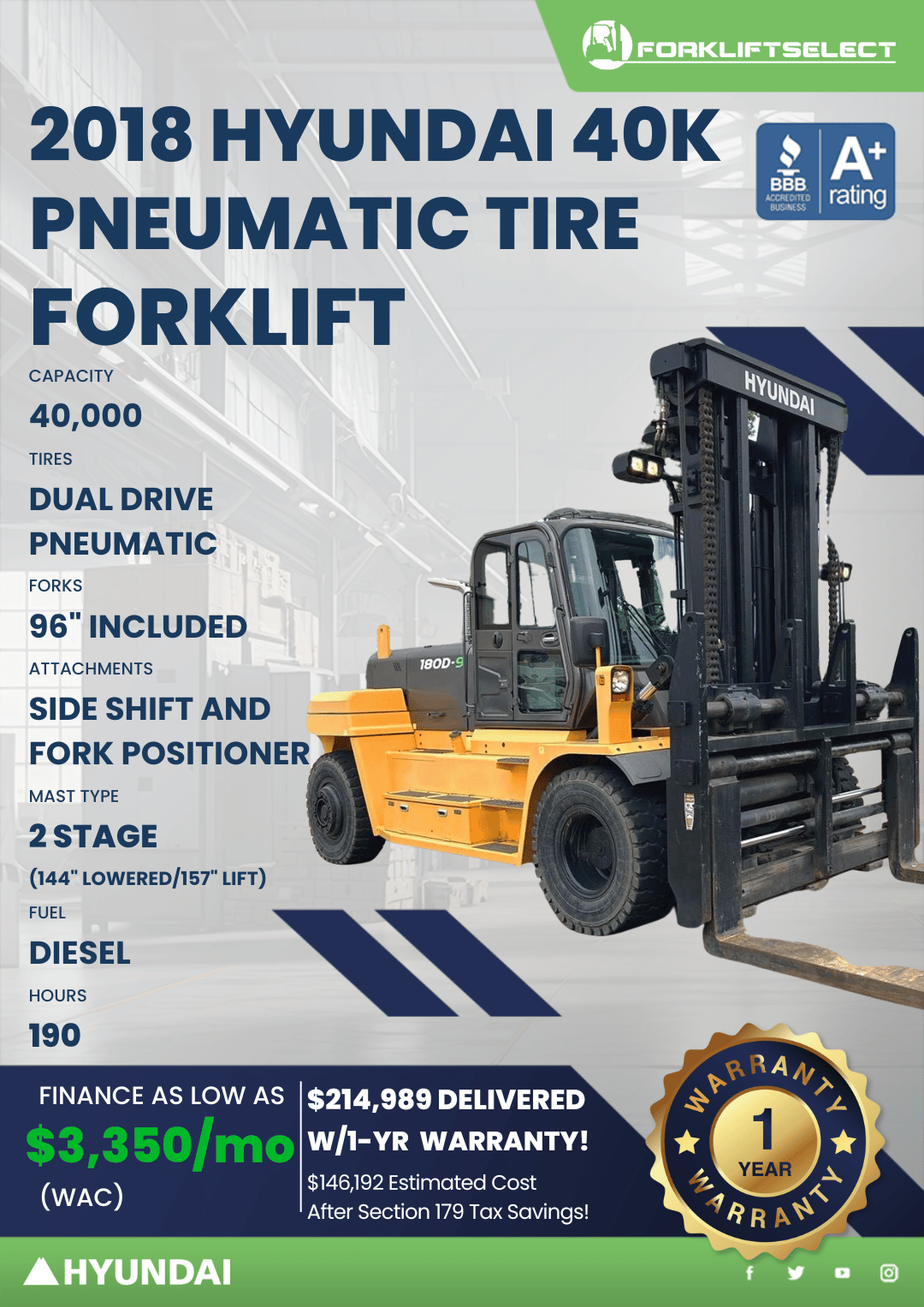 2018 HYUNDAI 40K PNEUMATIC TIRE FORKLIFT