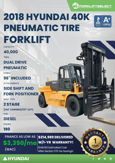 2018 HYUNDAI 40K PNEUMATIC TIRE FORKLIFT