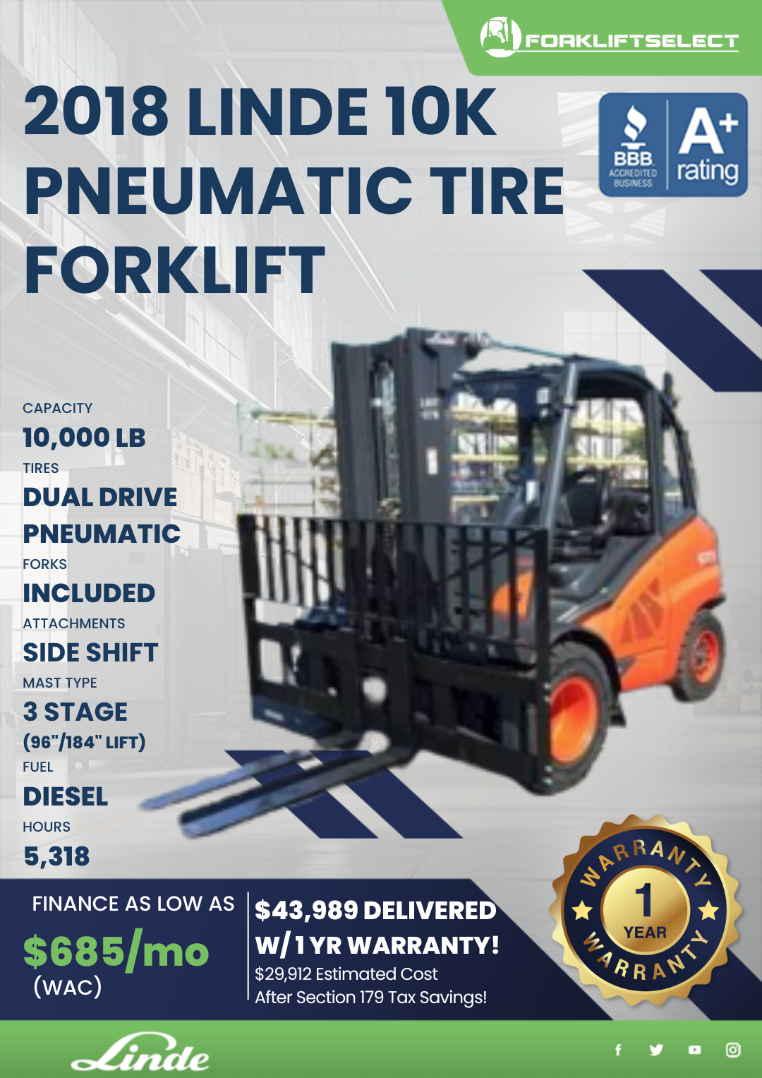 2018 LINDE 10K PNEUMATIC TIRE FORKLIFT