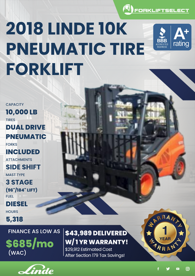 2018 LINDE 10K PNEUMATIC TIRE FORKLIFT