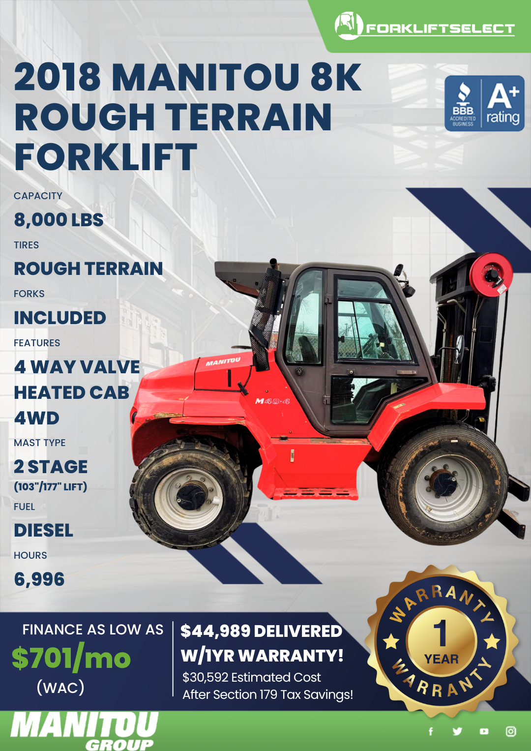 2018 MANITOU 8K ROUGH TERRAIN FORKLIFT