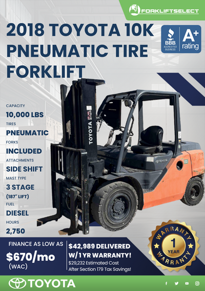 2018 TOYOTA 10K PNEUMATIC TIRE FORKLIFT