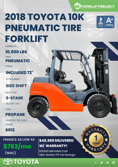 2018 TOYOTA 10K PNEUMATIC TIRE FORKLIFT