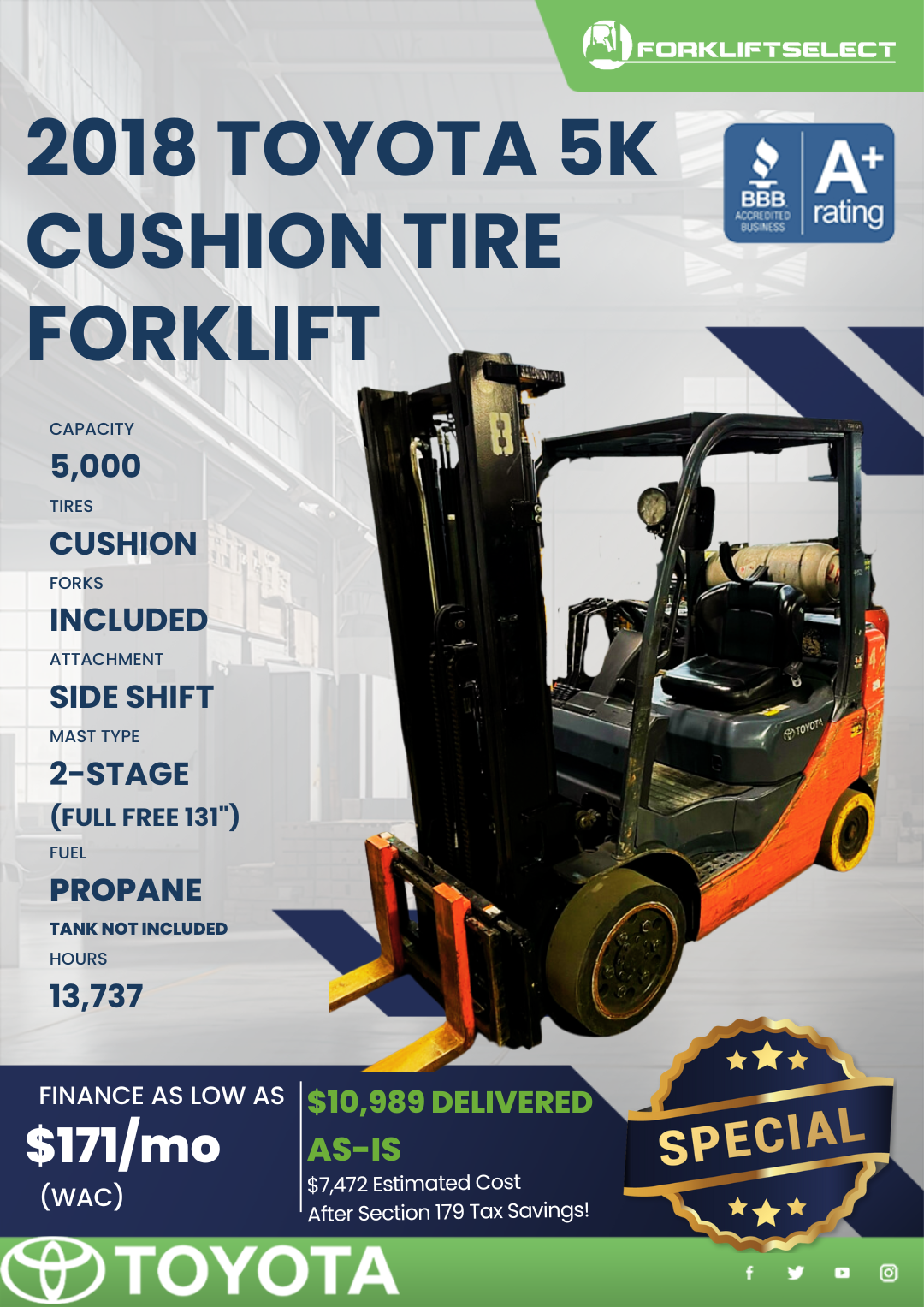 2018 TOYOTA 5K CUSHION TIRE FORKLIFT