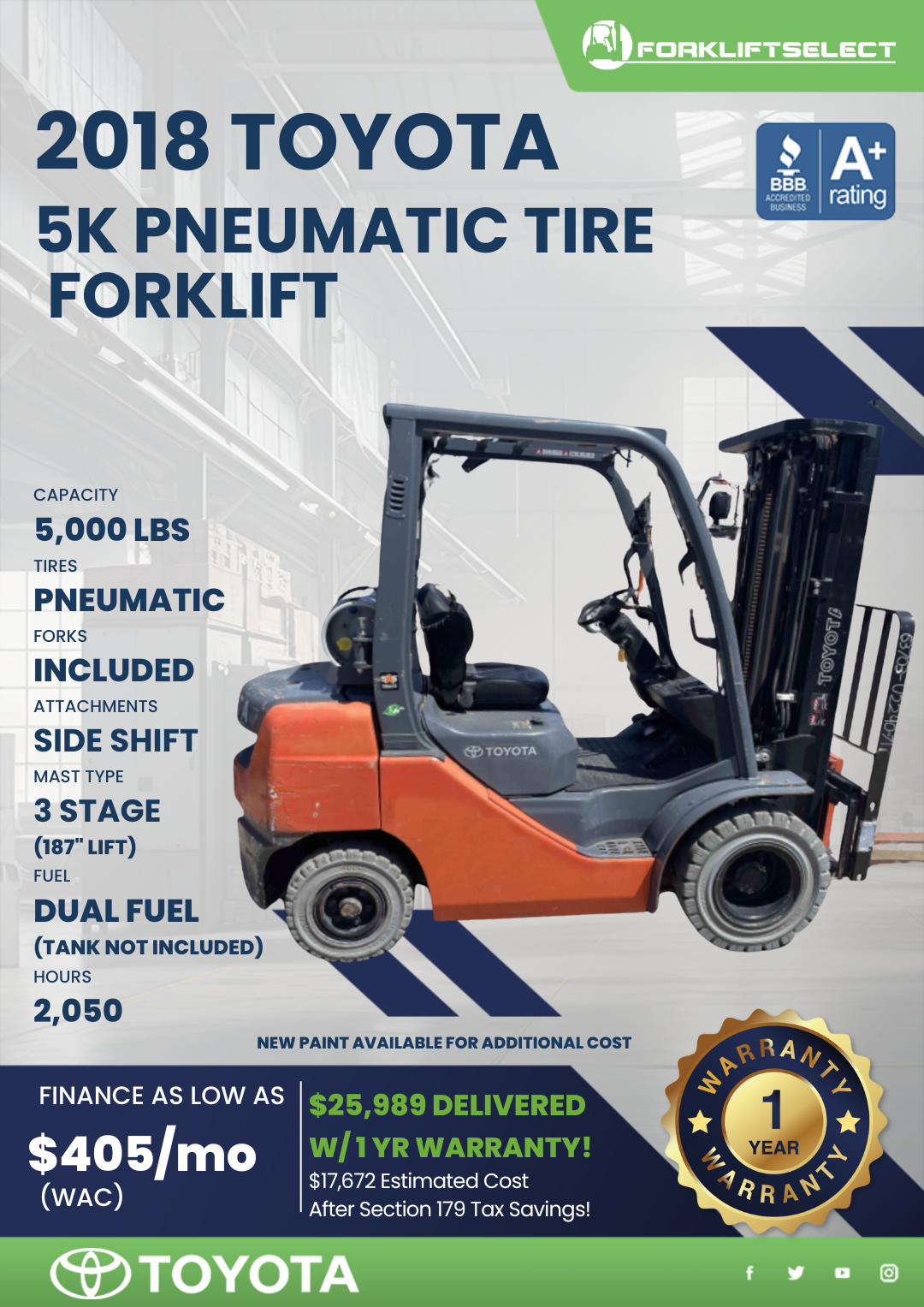 2018 TOYOTA 5K PNEUMATIC TIRE FORKLIFT