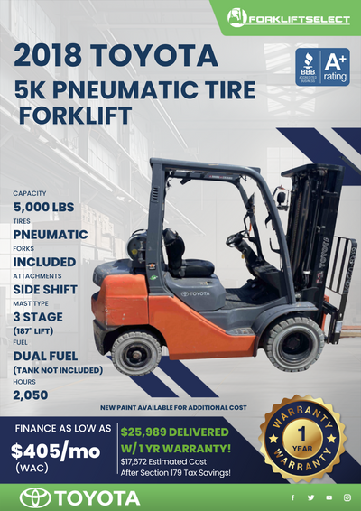 2018 TOYOTA 5K PNEUMATIC TIRE FORKLIFT