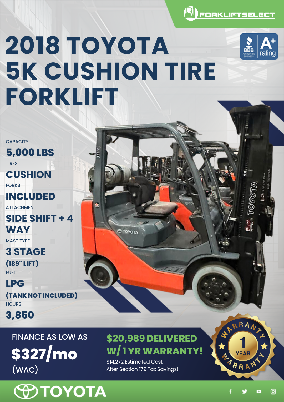 2018 TOYOTA 5K CUSHION TIRE FORKLIFT