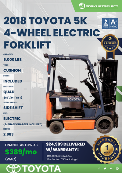 2018 TOYOTA 5K 4- WHEEL ELECTRIC FORKLIFT