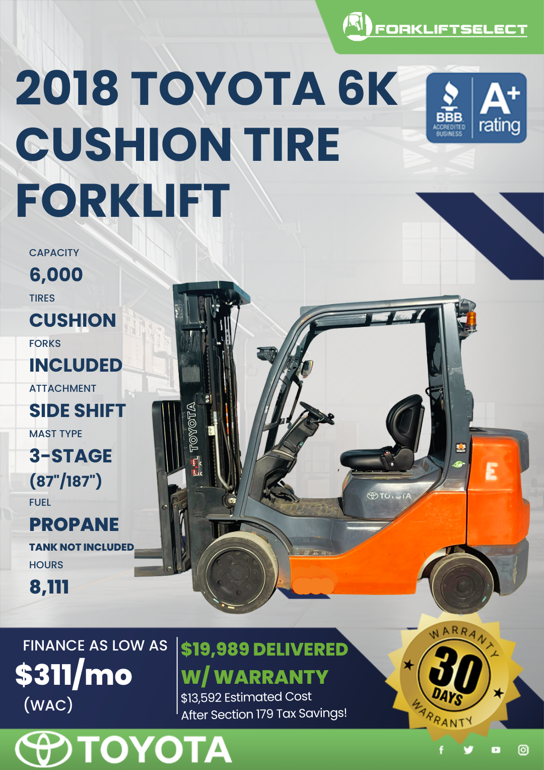 2018 TOYOTA 6K CUSHION TIRE FORKLIFT