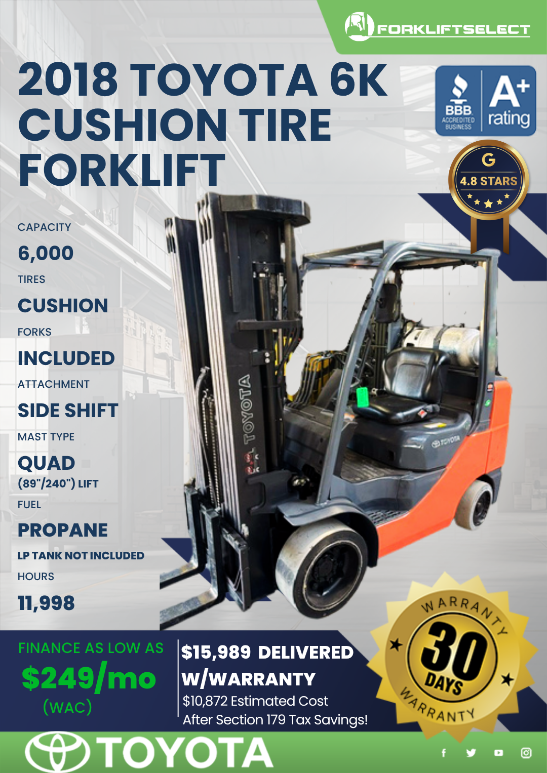2018 TOYOTA 6K CUSHION TIRE FORKLIFT