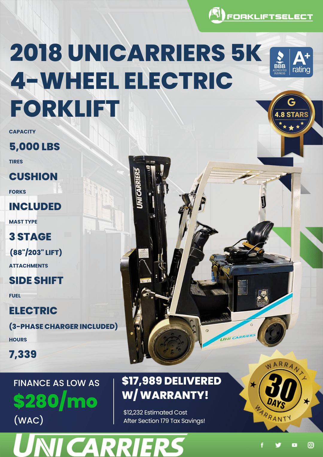 2018 UNICARRIERS 5K 4- WHEEL ELECTRIC FORKLIFT