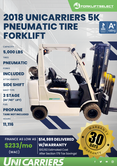 2018 UNICARRIERS 5K PNEUMATIC TIRE FORKLIFT