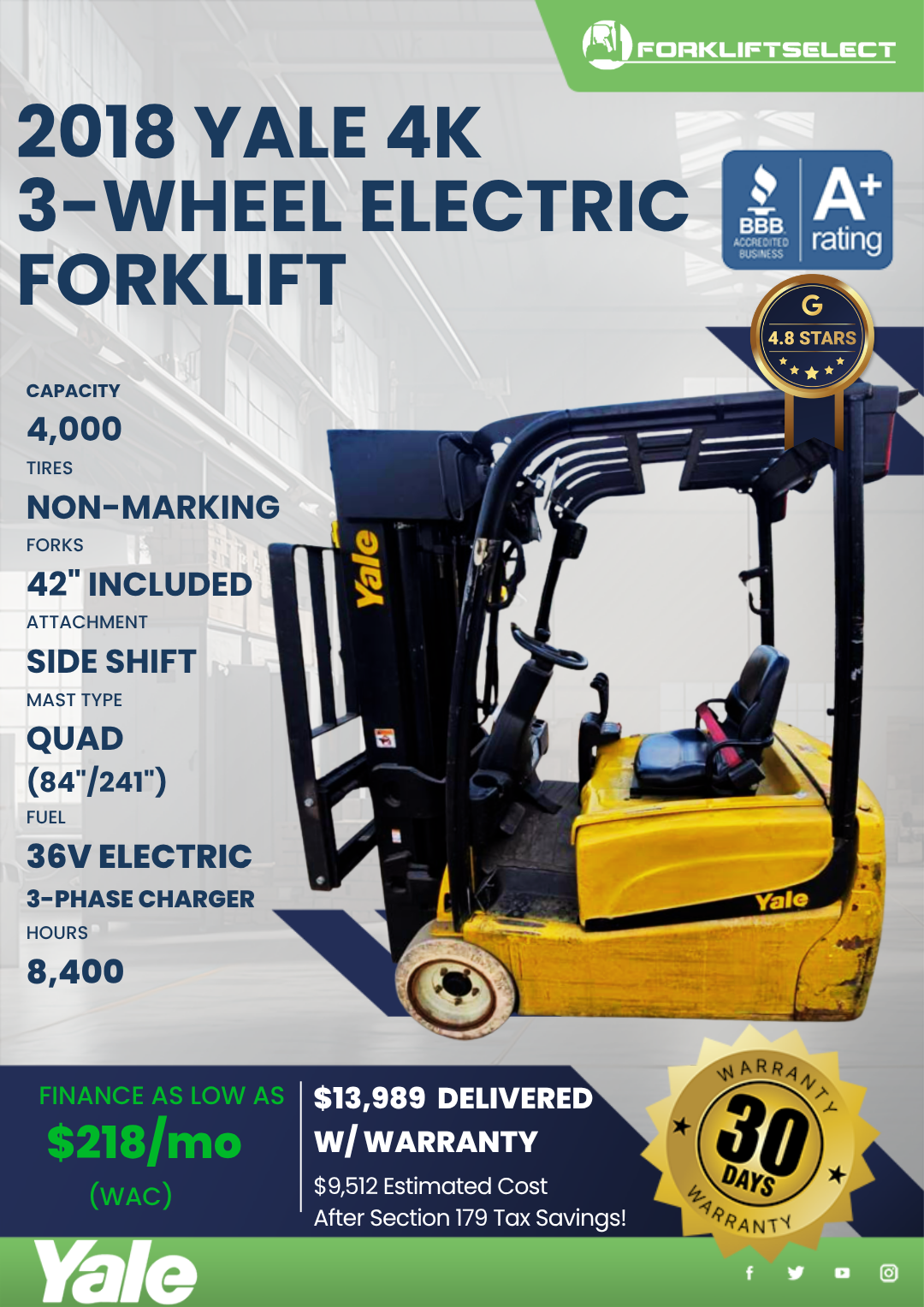 2018 YALE 4K 3-WHEEL ELECTRIC FORKLIFT