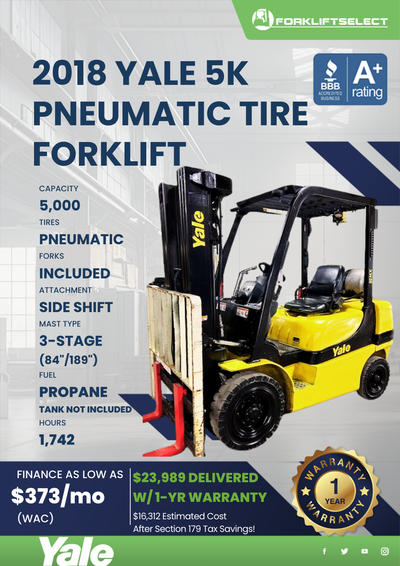2018 YALE 5K PNEUMATIC TIRE FORKLIFT