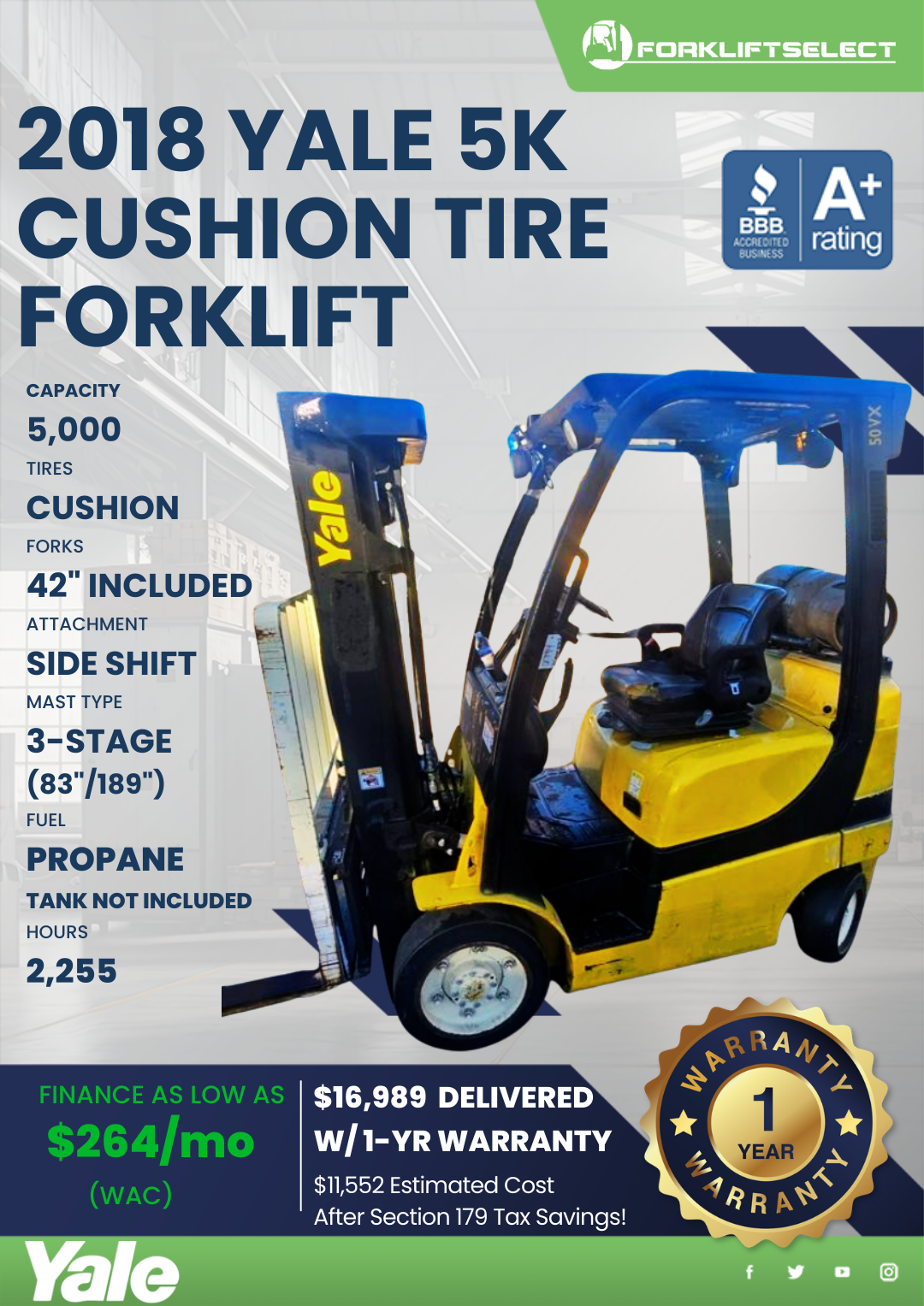 2018 YALE 5K CUSHION TIRE FORKLIFT