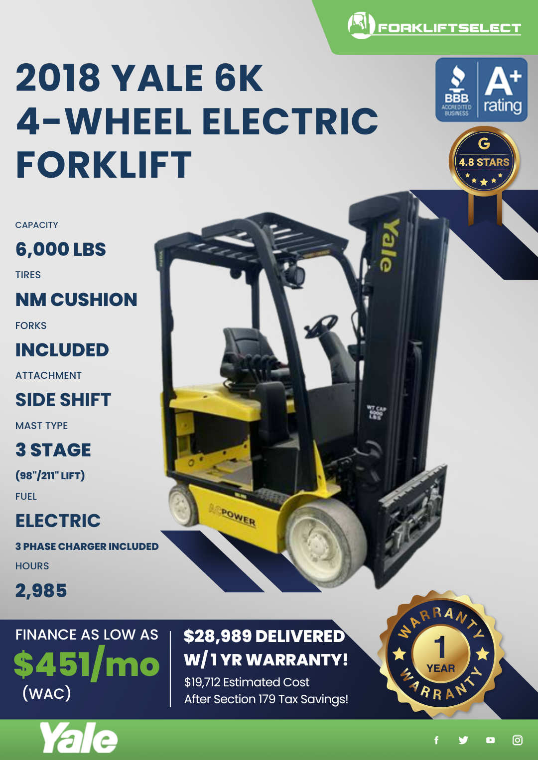 2018 YALE 6K 4- WHEEL ELECTRIC FORKLIFT