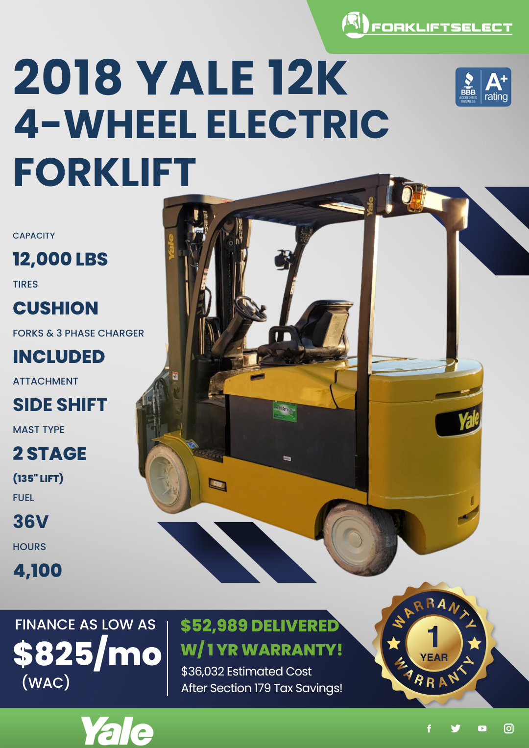 2018 YALE 12K 4-WHEEL ELECTRIC FORKLIFT