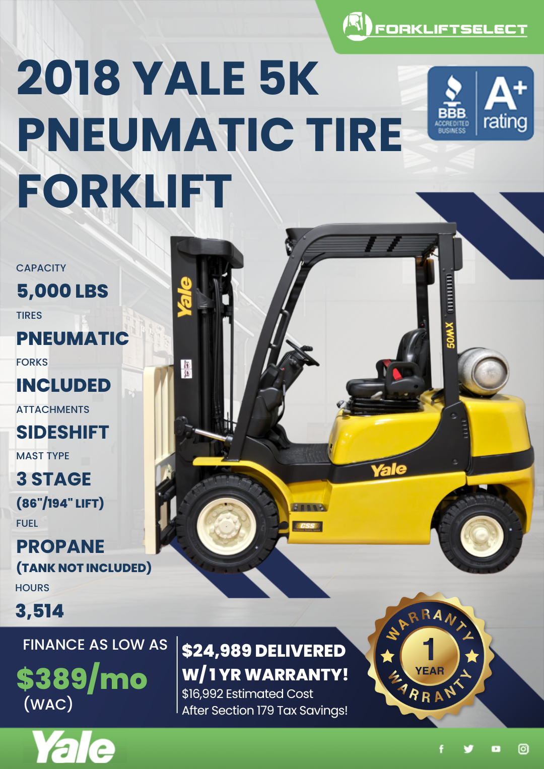 2018 YALE 5K PNEUMATIC TIRE FORKLIFT