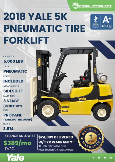 2018 YALE 5K PNEUMATIC TIRE FORKLIFT