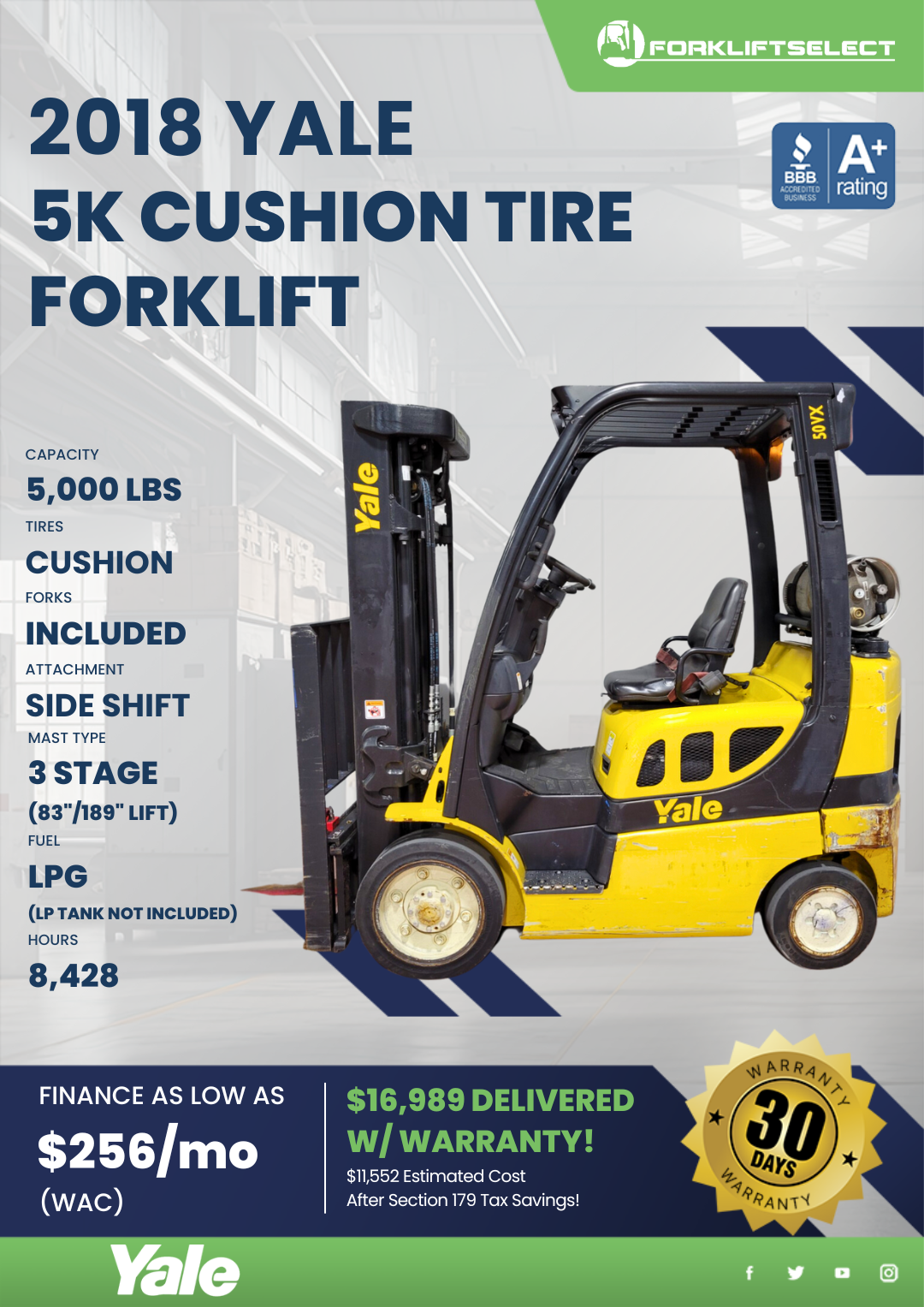 2018 YALE 5K CUSHION TIRE FORKLIFT