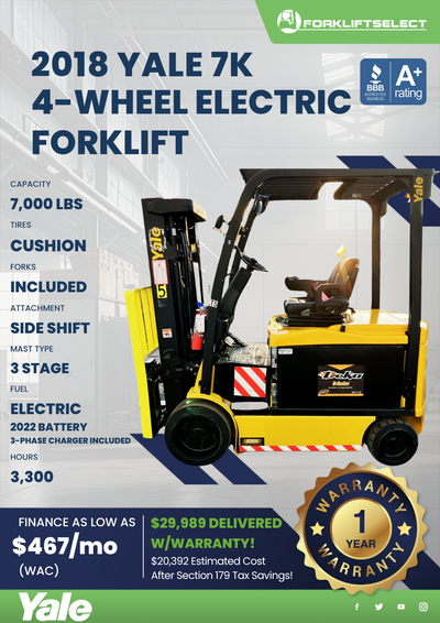 2018 YALE 7K 4- WHEEL ELECTRIC FORKLIFT