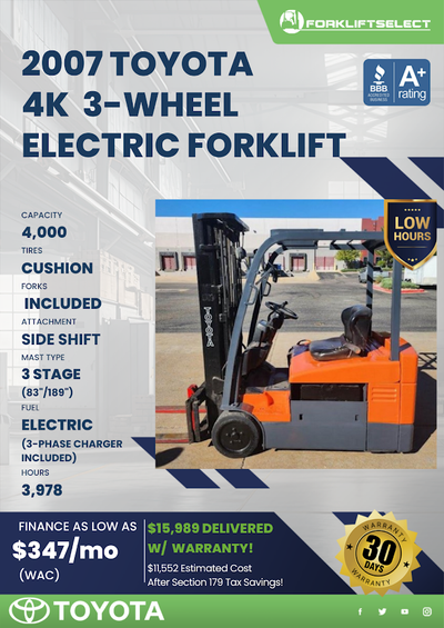 2007 TOYOTA 4K 3-WHEEL ELECTRIC FORKLIFT