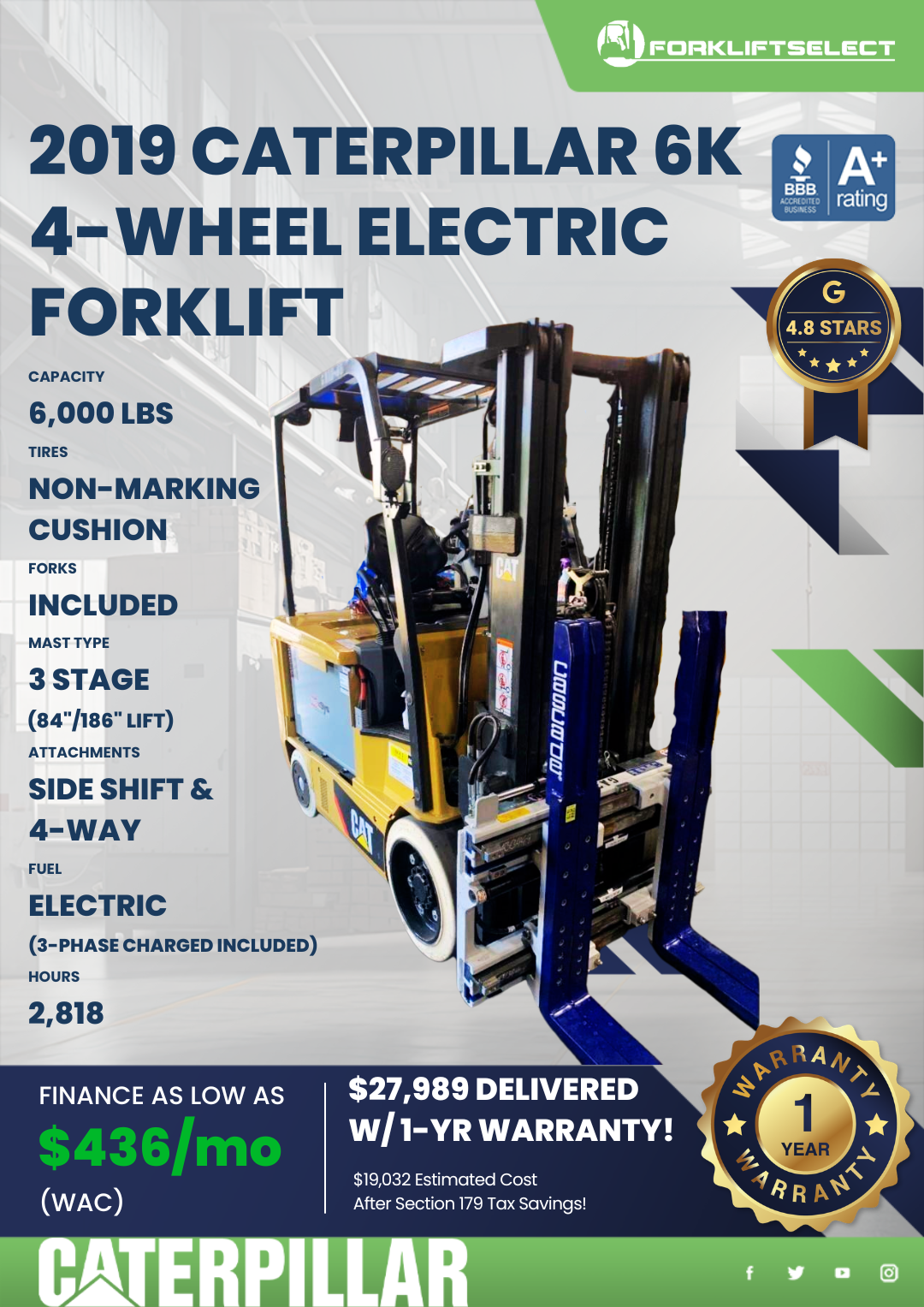 2019 CATERPILLAR 6K 4- WHEEL ELECTRIC FORKLIFT