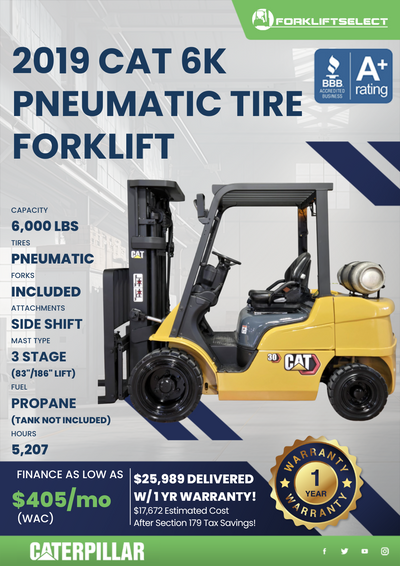 2019 CAT 6K PNEUMATIC TIRE FORKLIFT