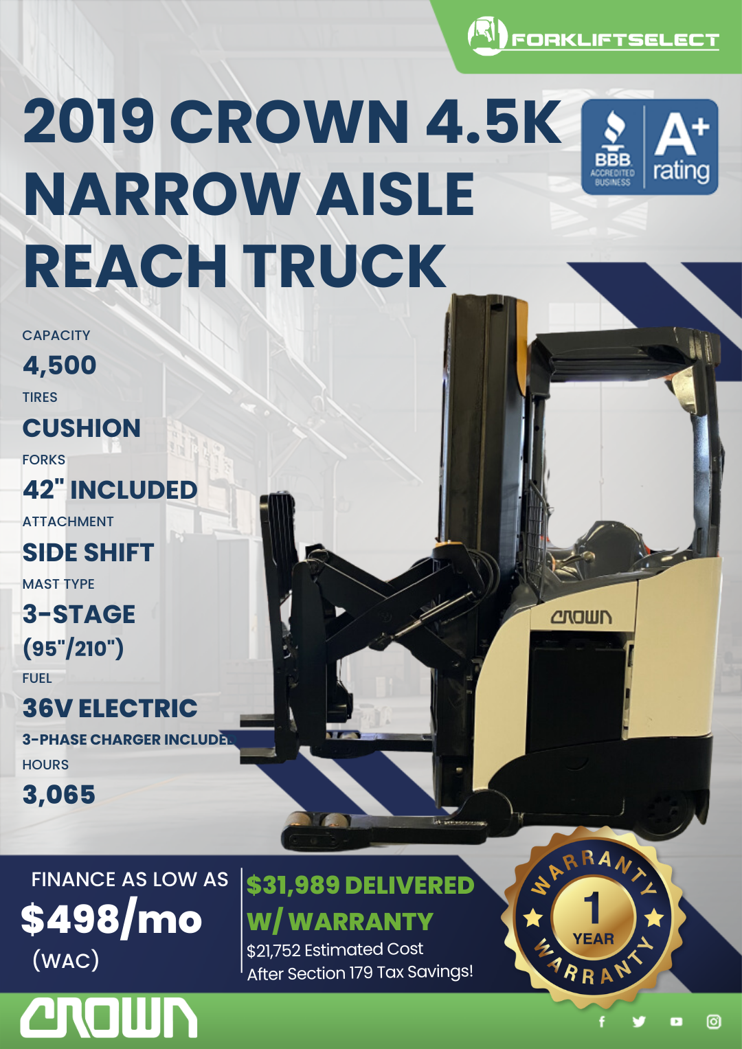 2019 CROWN 4.5K NARROW AISLE REACH TRUCK