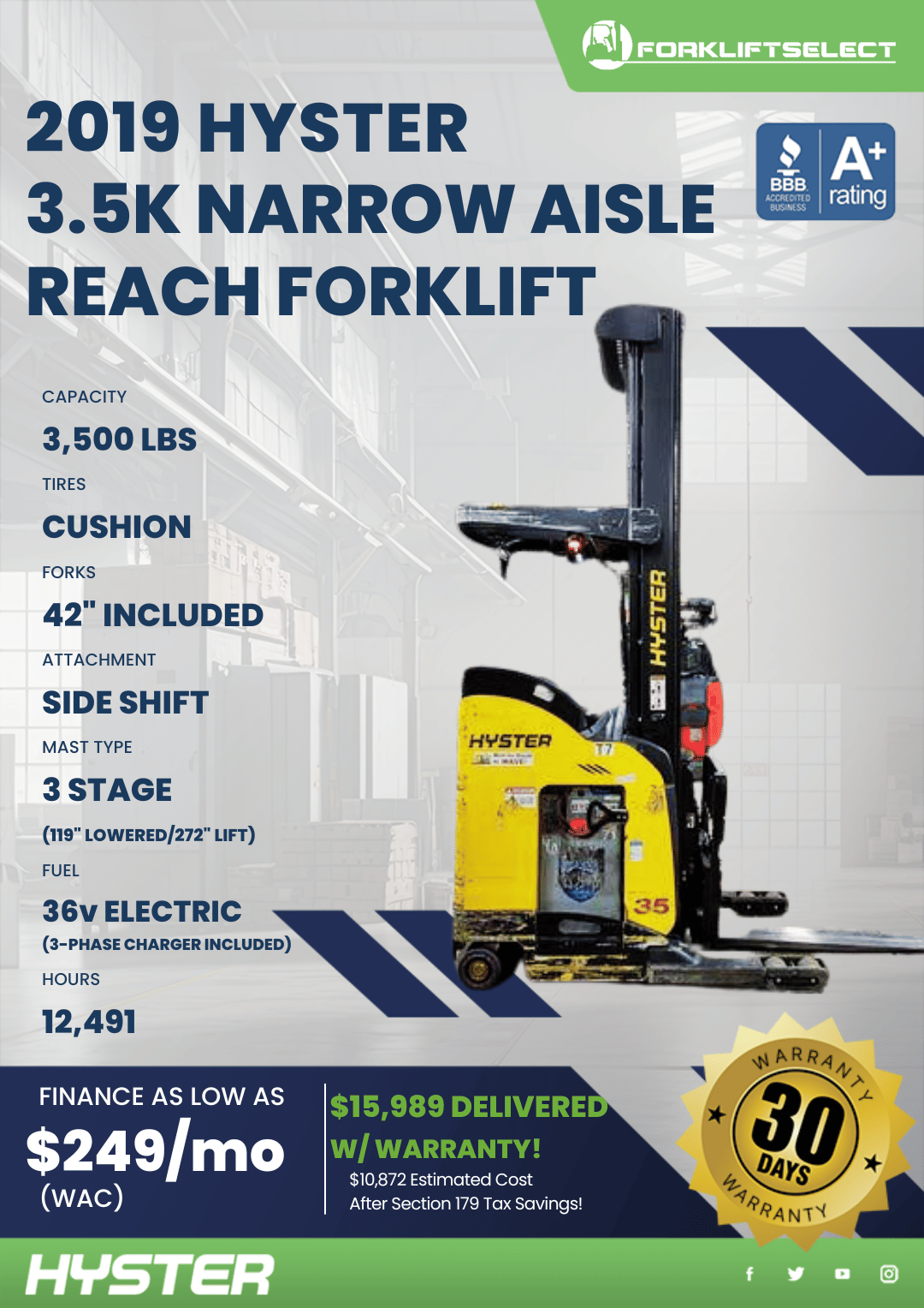 2019 HYSTER 3.5K NARROW AISLE REACH FORKLIFT