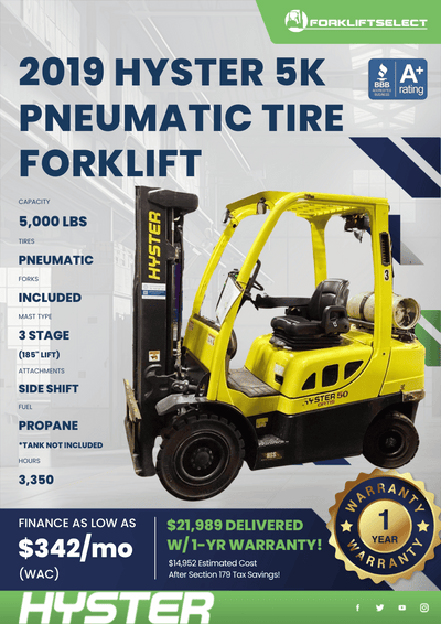 2019 HYSTER 5K PNEUMATIC TIRE FORKLIFT