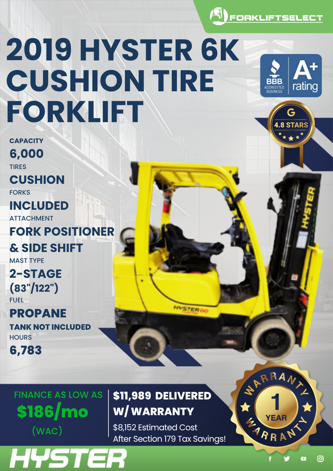2019 HYSTER 6K CUSHION TIRE FORKLIFT