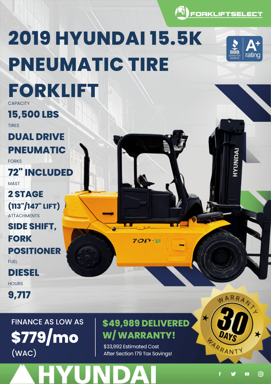 2019 HYUNDAI 15.5K PNEUMATIC TIRE FORKLIFT