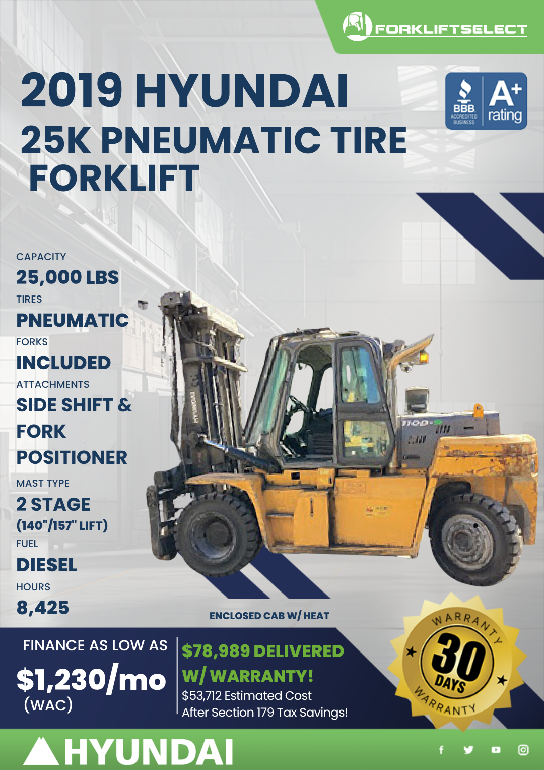 2019 HYUNDAI 25K PNEUMATIC TIRE FORKLIFT