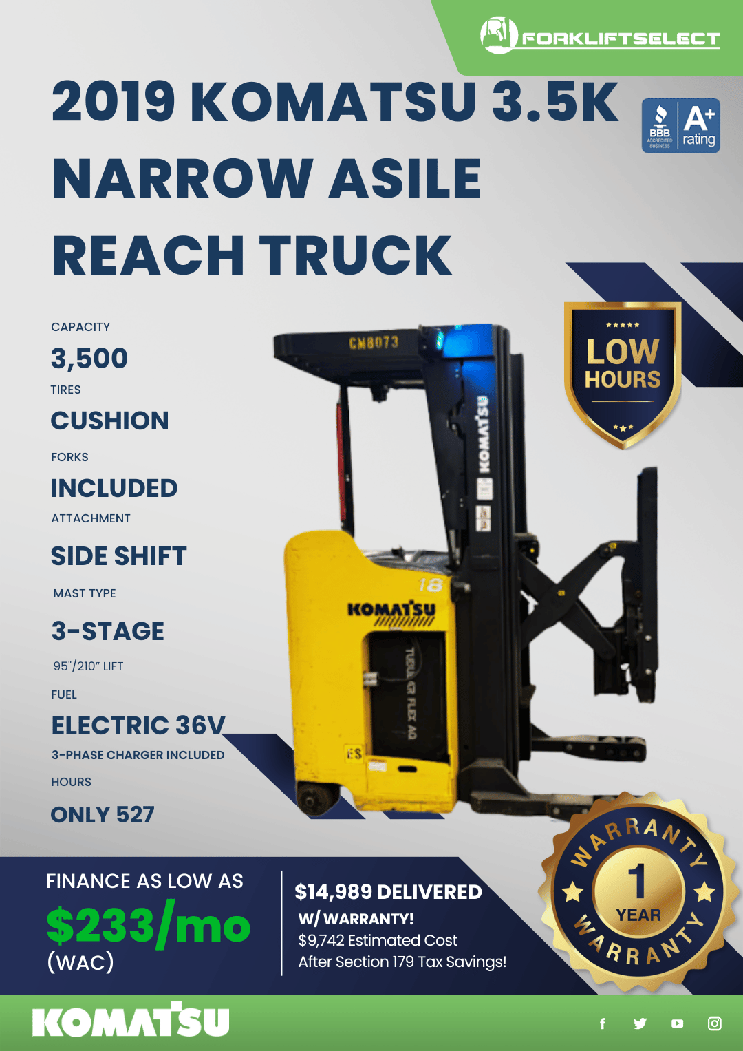2019 KOMATSU 3.5K NARROW AISLE REACH TRUCK