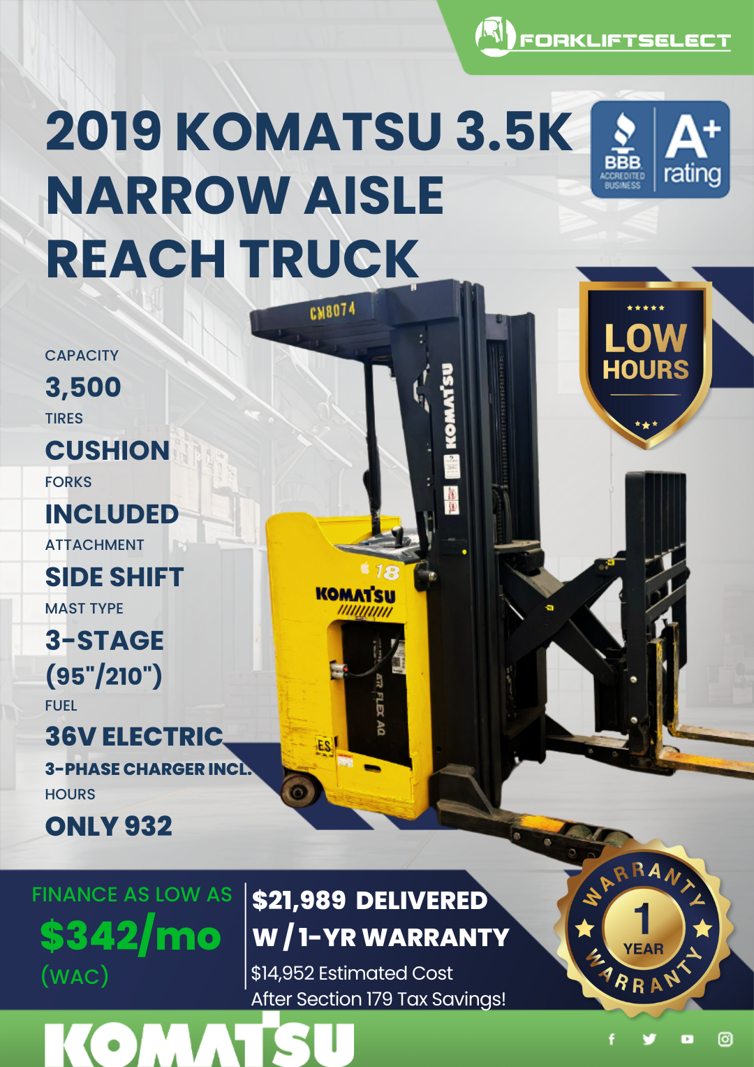 2019 KOMATSU 3.5K NARROW AISLE REACH TRUCK