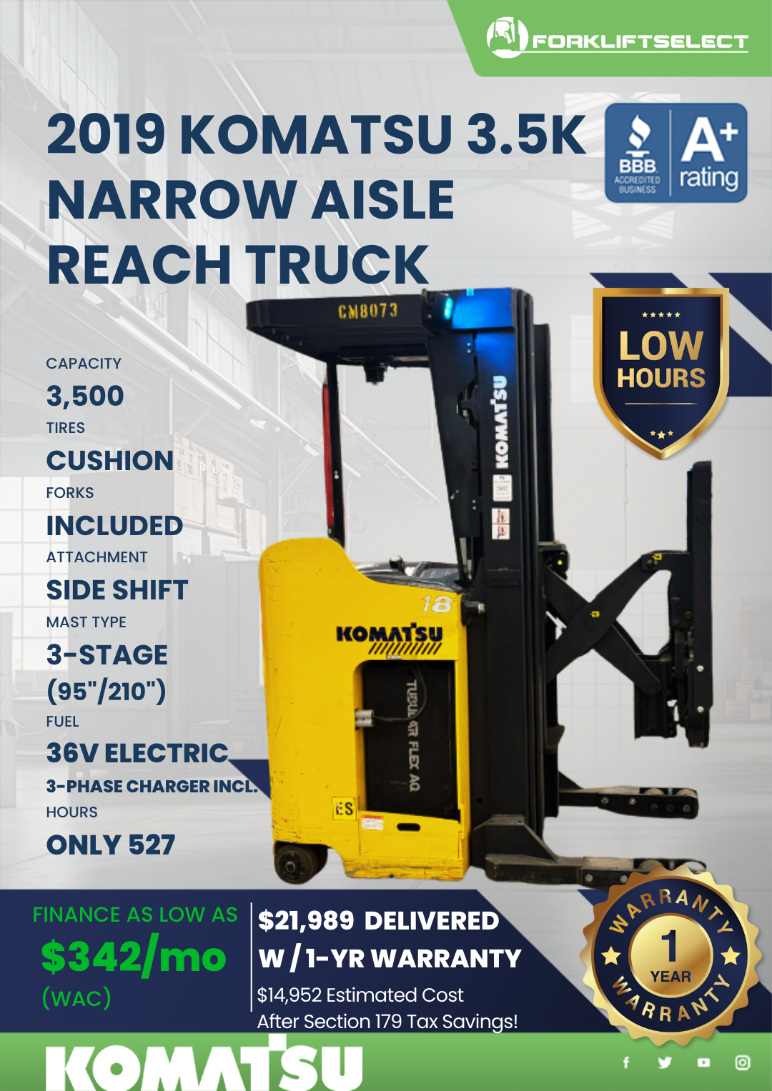 2019 KOMATSU 3.5K NARROW AISLE REACH TRUCK