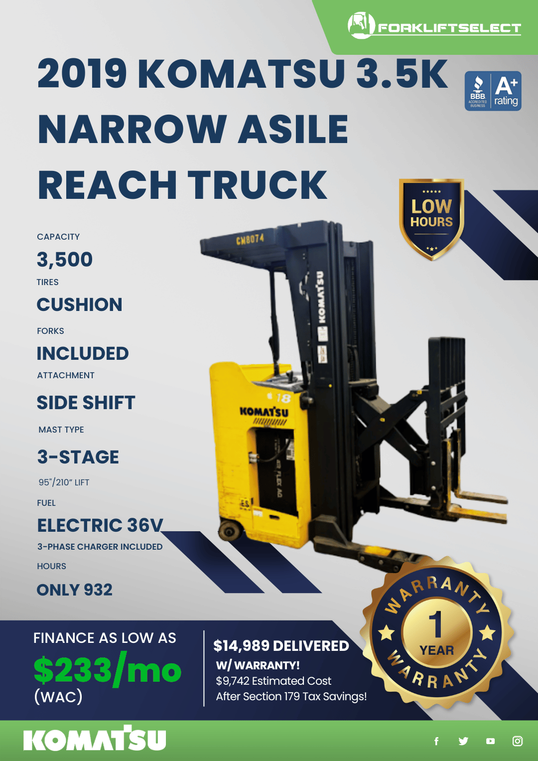 2019 KOMATSU 3.5K NARROW AISLE REACH TRUCK