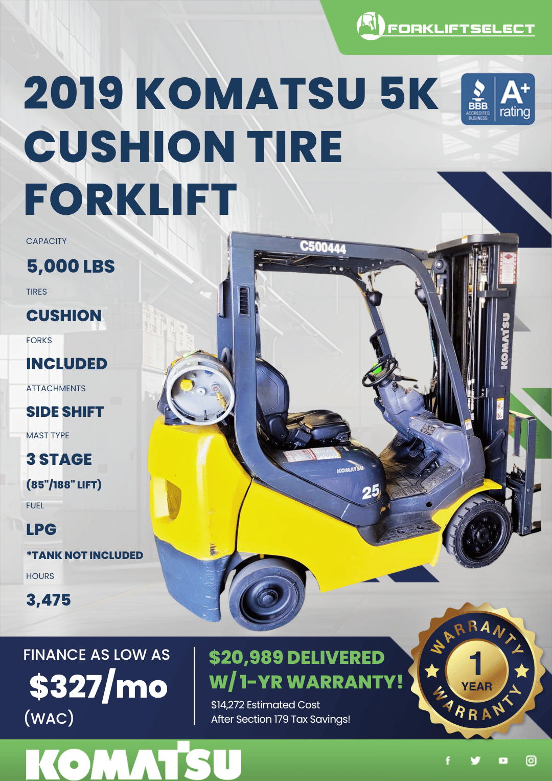 2019 KOMATSU 5K CUSHION TIRE FORKLIFT