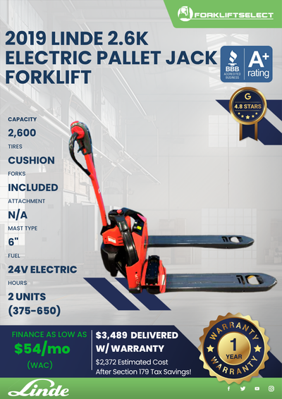 2019 LINDE 2.6K ELECTRIC PALLET JACK FORKLIFT