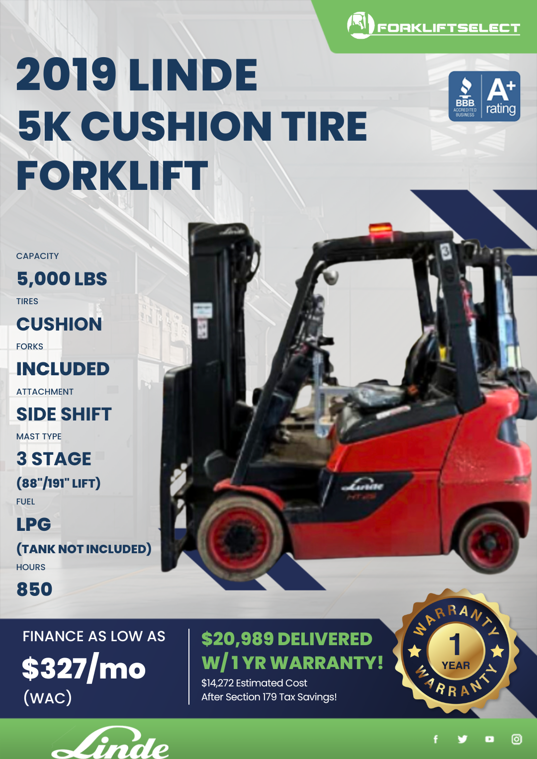 2019 LINDE 5K CUSHION TIRE FORKLIFT