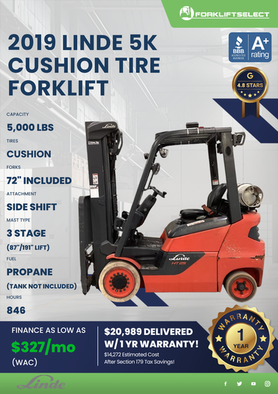 2019 LINDE 5K CUSHION TIRE FORKLIFT