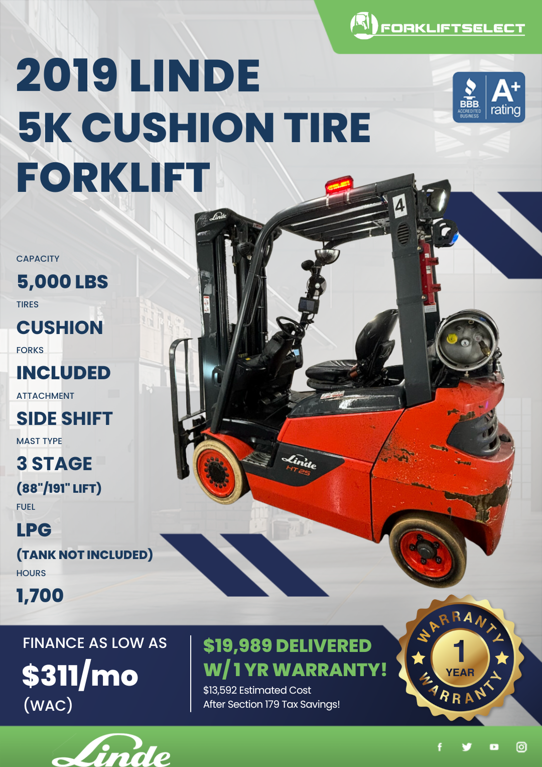 2019 LINDE 5K CUSHION TIRE FORKLIFT