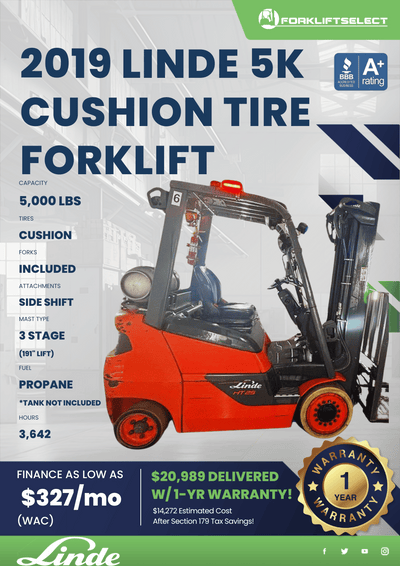 2019 LINDE 5K CUSHION TIRE FORKLIFT