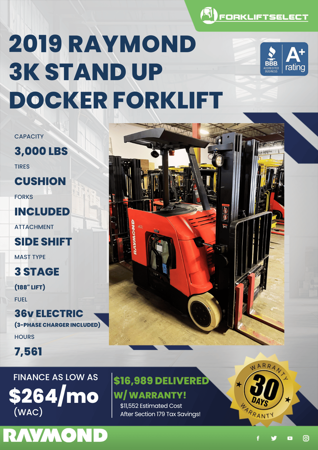 2019 RAYMOND 3K STAND UP DOCKER FORKLIFT