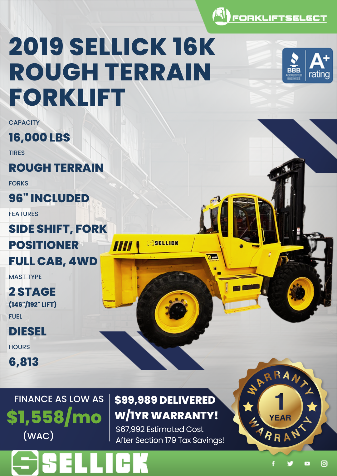 2019 SELLICK 16K ROUGH TERRAIN FORKLIFT
