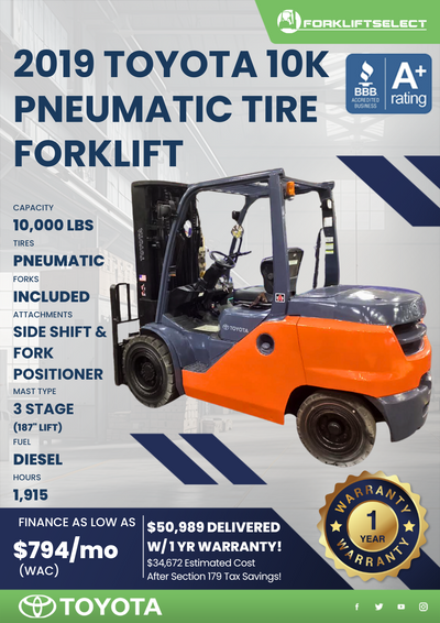2019 TOYOTA 10K PNEUMATIC TIRE FORKLIFT