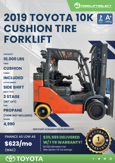 2019 TOYOTA 10K CUSHION TIRE FORKLIFT