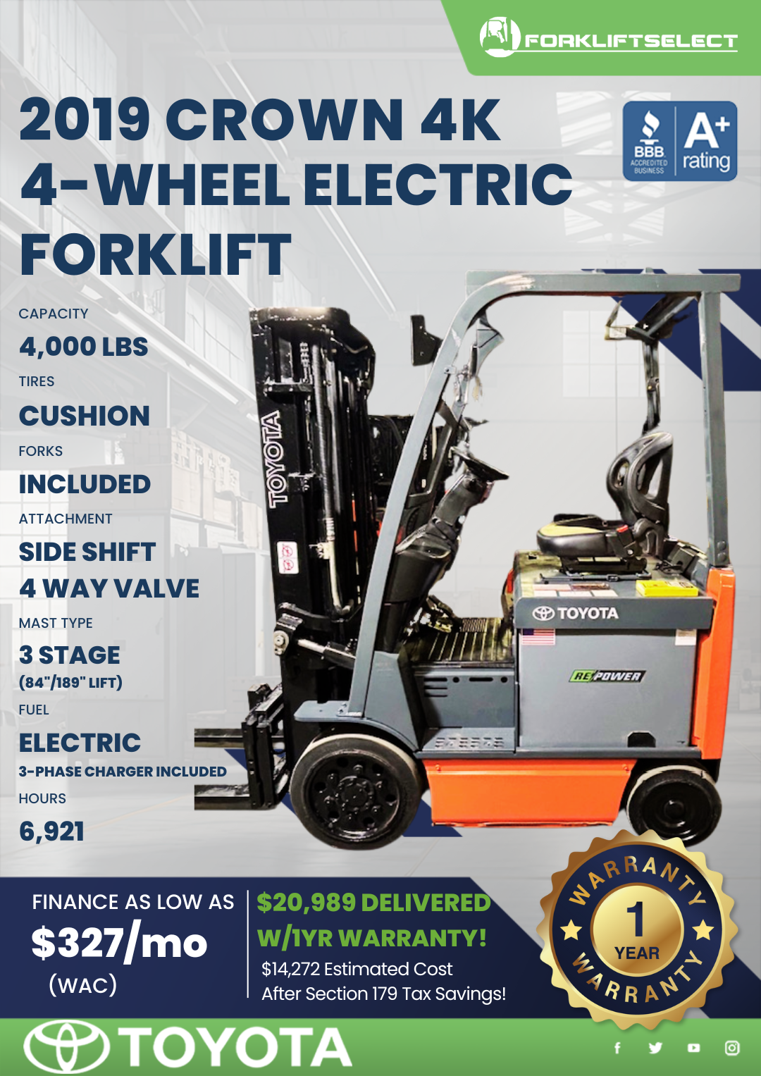 2019 CROWN 4K 4-WHEEL ELECTRIC FORKLIFT